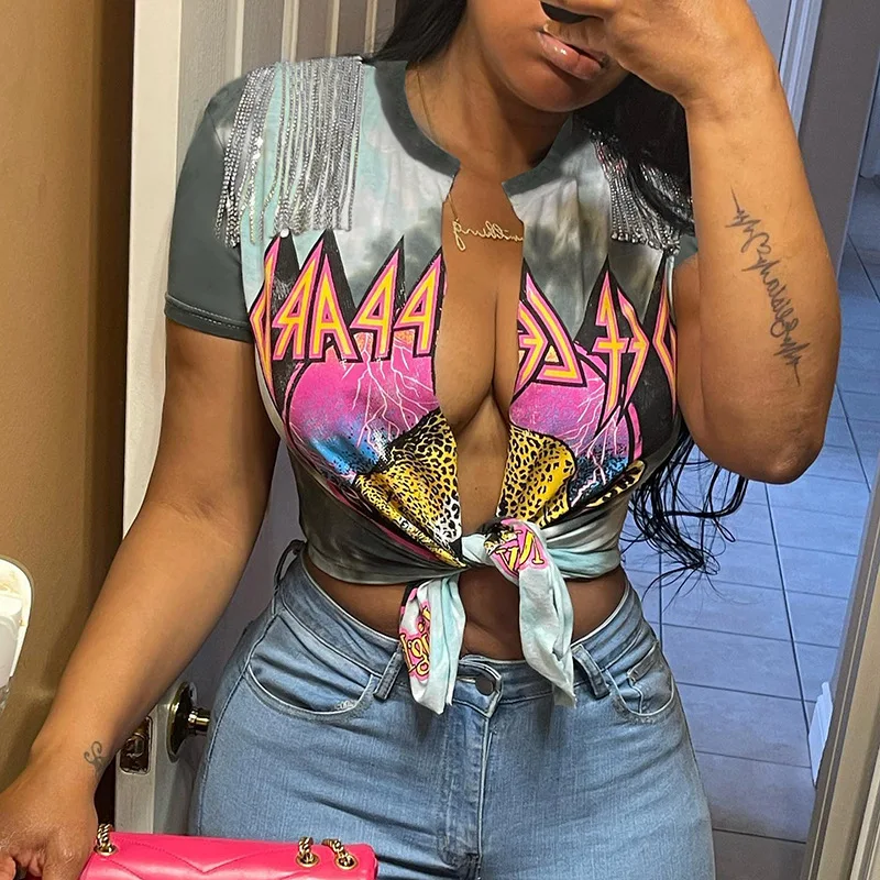 Женская футболка с принтом и низким вырезом модный кардиган в стиле панк Ttassel