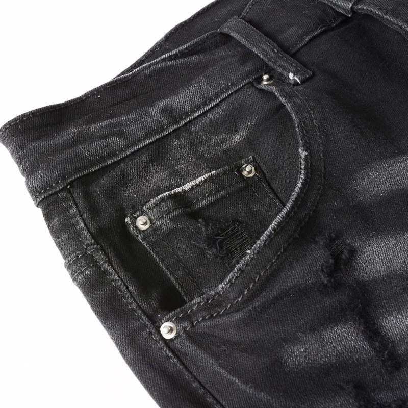 High Street Fashion Men Jeans Retro Black Gray Stretch Skinny Ripped Jeans Men Buttons Fly Patch Designer Hip Hop Brand Pants