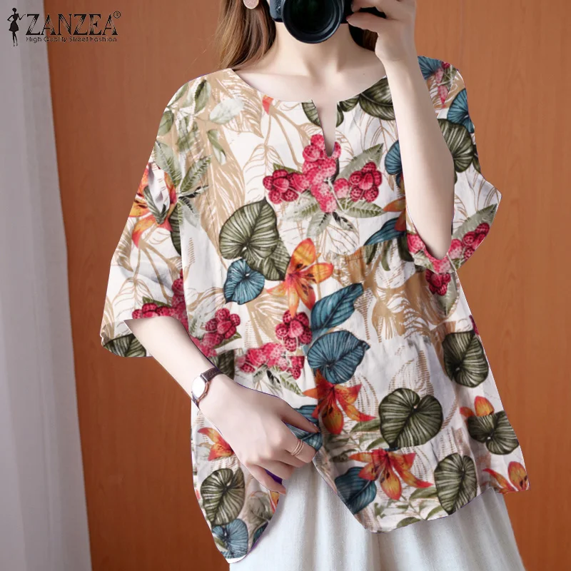 

ZANZEA Vintage Printed Blouse Women Fashion O Neck Tops Casual Lady Baggy Shirt Holiday Oversized Tunic Summer Half Sleeve Blusa