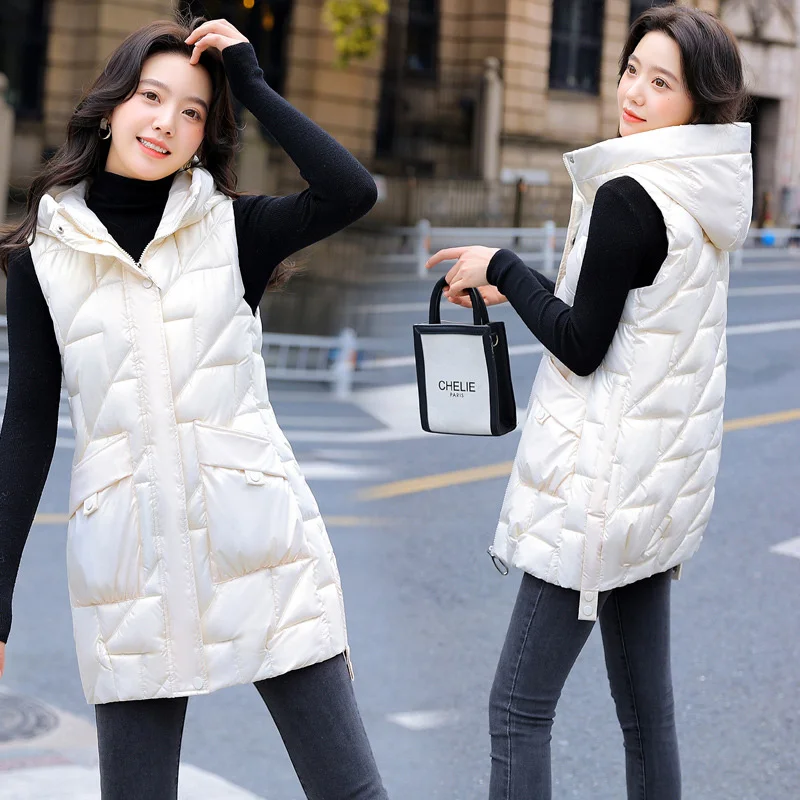 

Женский Теплый пуховой жилет, повседневный однотонный жилет средней длины с хлопковой подкладкой, размеры до 4XL, зима 2022