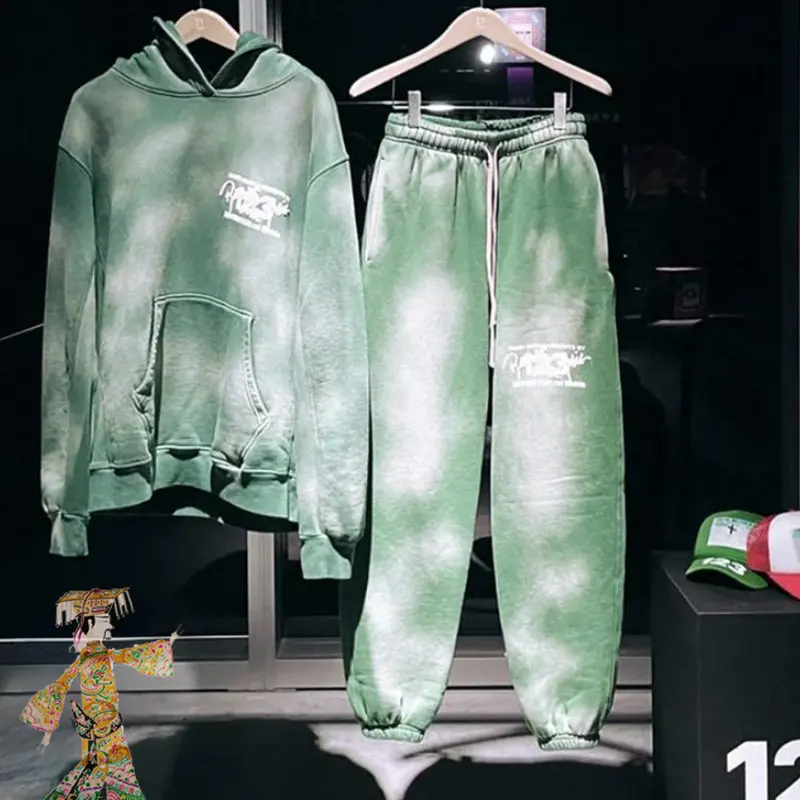 

Wash Do Old Green RRR123 Hoody Sweatpants Suit 100% Cotton Hooded Pullover RRR 123 Sweatshirt Men Women