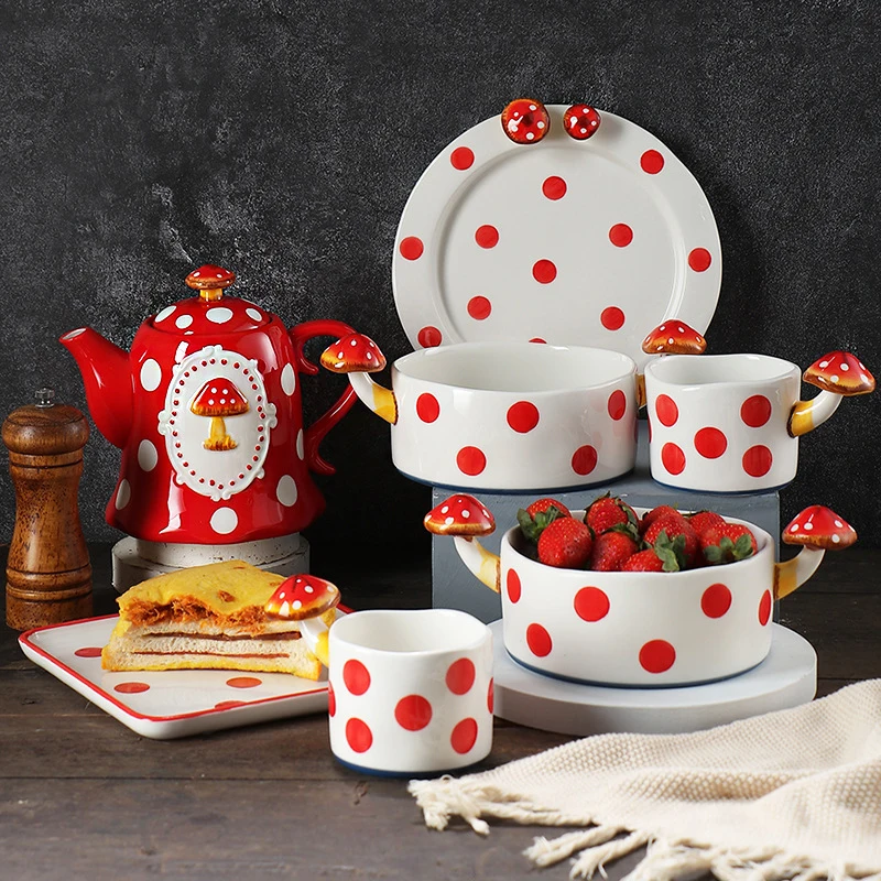 

Mushroom Ceramic Tableware Set Japanese Children's Home Bowl Plate Cold Water Bottle Creative Lovely Hand-painted Coffee Cup