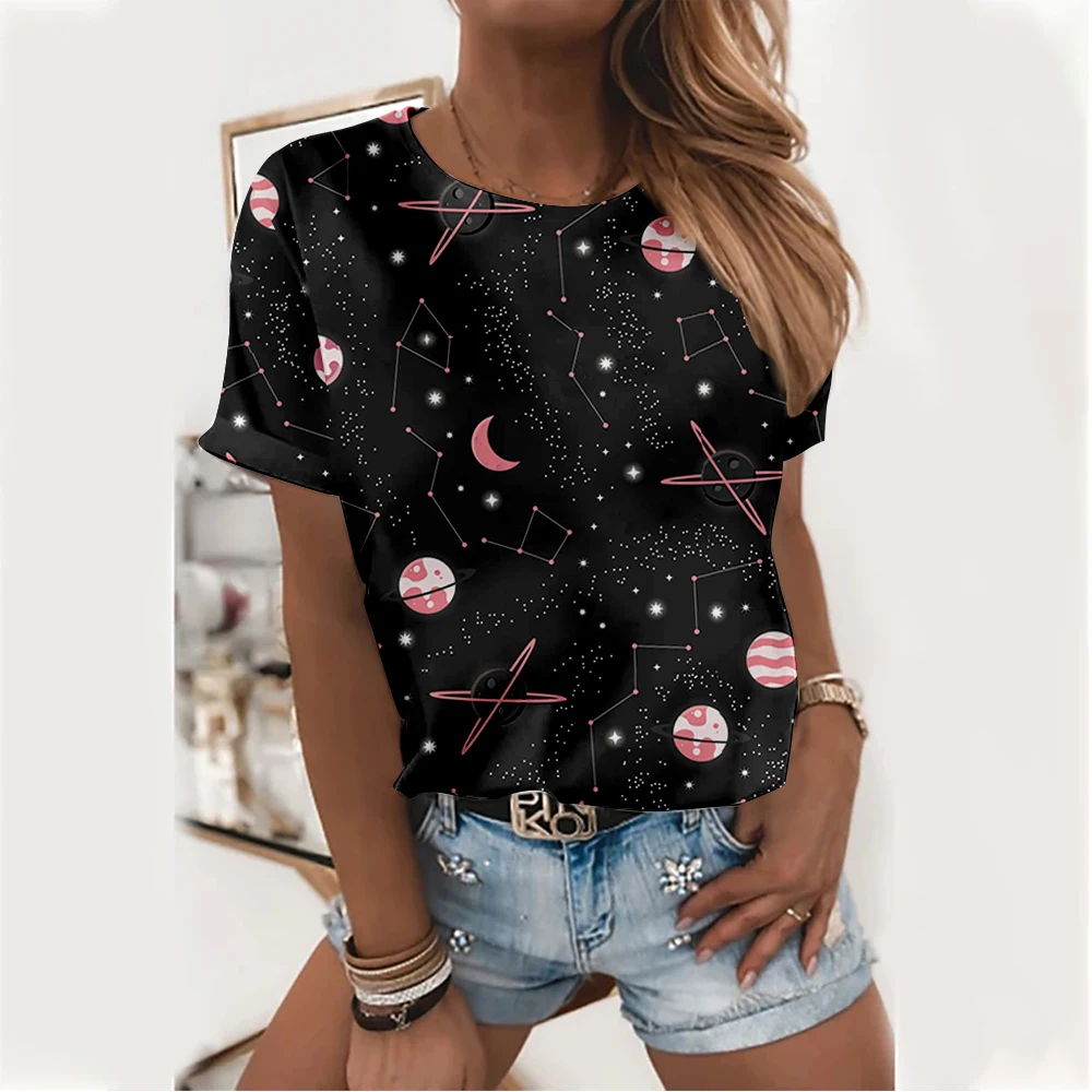 

Летняя Повседневная футболка, женские футболки с коротким рукавом, уличные топы с принтом созвездий, Женская свободная футболка с круглым в...