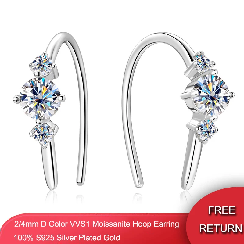 

QXTC Unique U Type Earring D Moissanite Diamond Round Hoops Original 925 Sterling Silver Earrings for Women 2023 Trend Jewelry