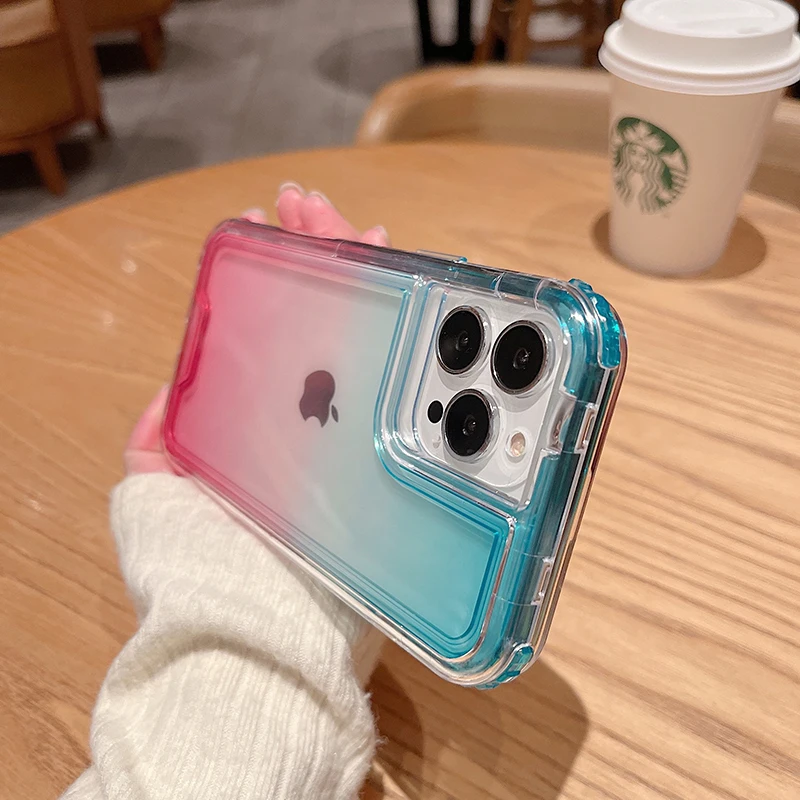 

Luxury 3N1 Heavy Duty Armor Shockproof Gradient Transparent Soft Case for iPhone 14 13 12 11 Pro Max 7 8 Plus X XR SE3 Cover