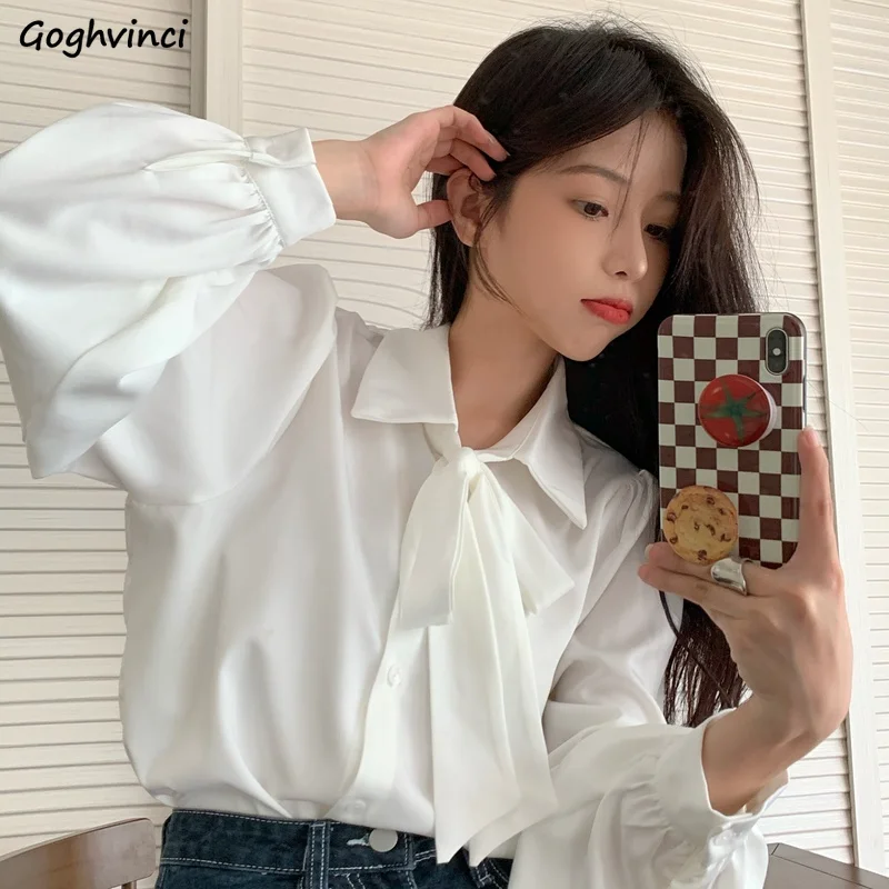 

Lantern Sleeve Shirts Women Pure Sweet Girlish Chic Ulzzang Design Gentle Retro Basic Cozy French Spring New Блузки Office Lady