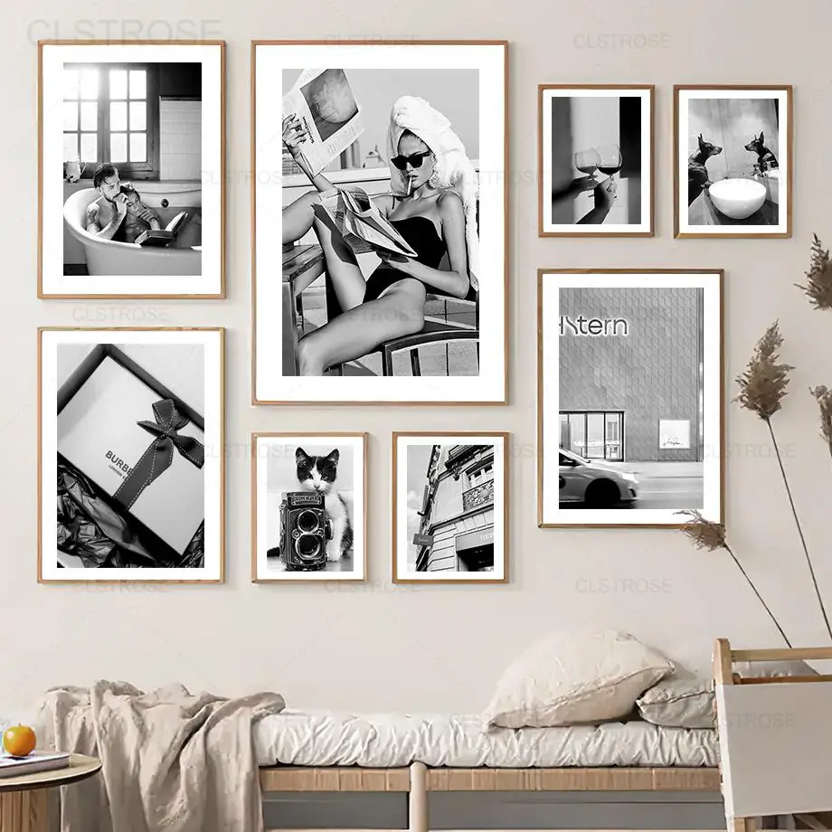 

Fashion Sexy Woman Canvas Painting Nordic Retro Camera Envelope Cup Black White Picture Wall Art Poster Home Decor Living Room