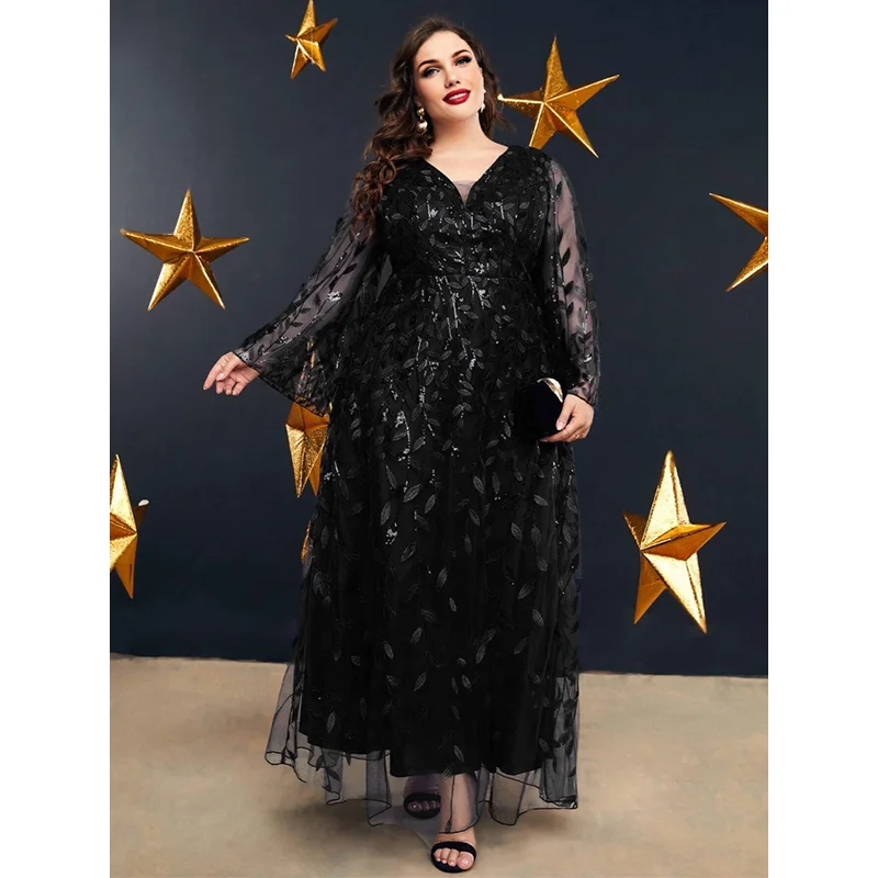 2023 Plus Size V Neck Chiffon Embroidered Lace Royal Blue Dress Elegant Luxury 5XL6XL Loose Wedding Banquet Party Woman Dress