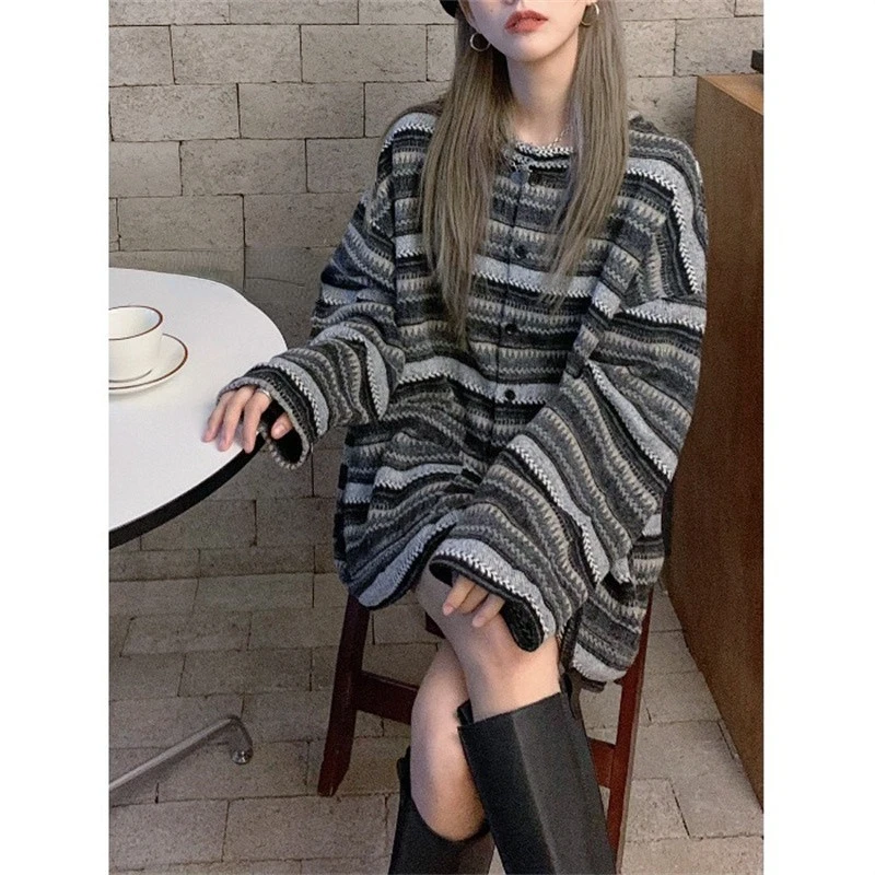 

Autumn And Winter New Round Neck Striped Casual Knitted Cardigan Women Korean Preppy Style Loose All-match Sweater