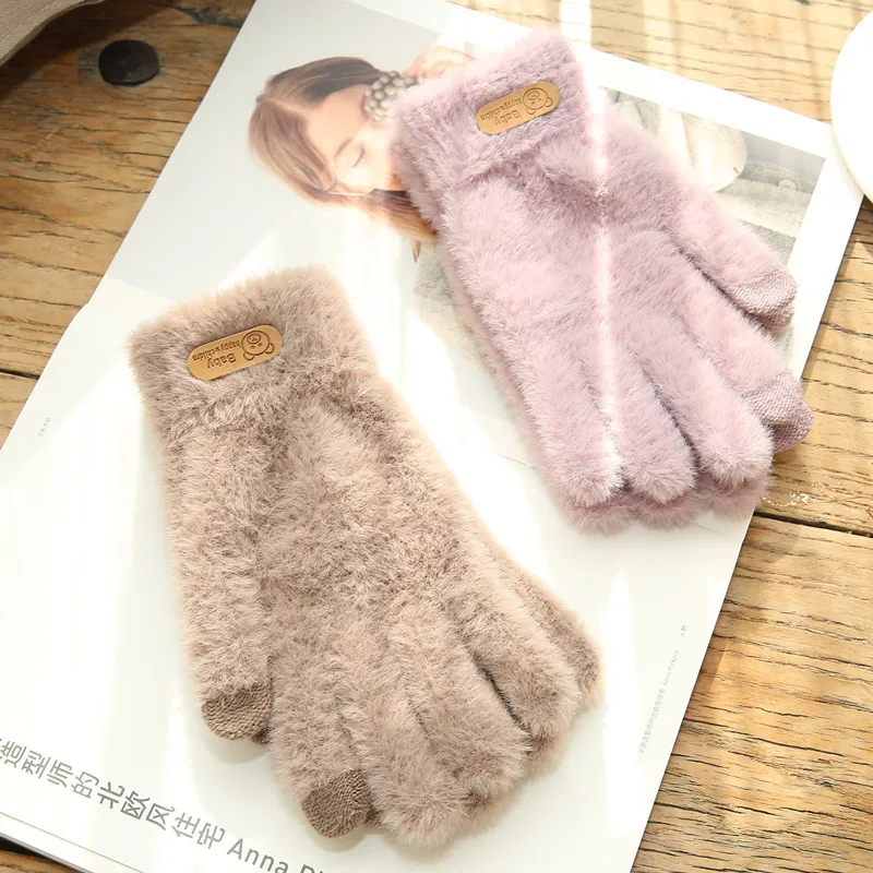 

Knitted Gloves Winter Warm Thick Screen Fur Gloves Solid Mittens for Mobile Phone Tablet Pad Women's Cashmere Wool Glove