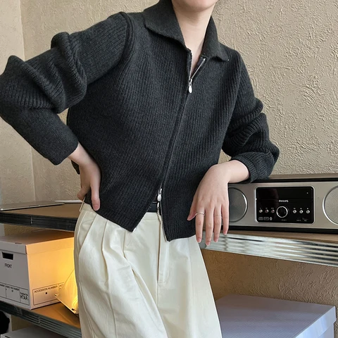 2024, женский вязаный свитер с отложным воротником, две молнии, короткие кардиганы с длинными рукавами, одежда, топы для женщин, свитер