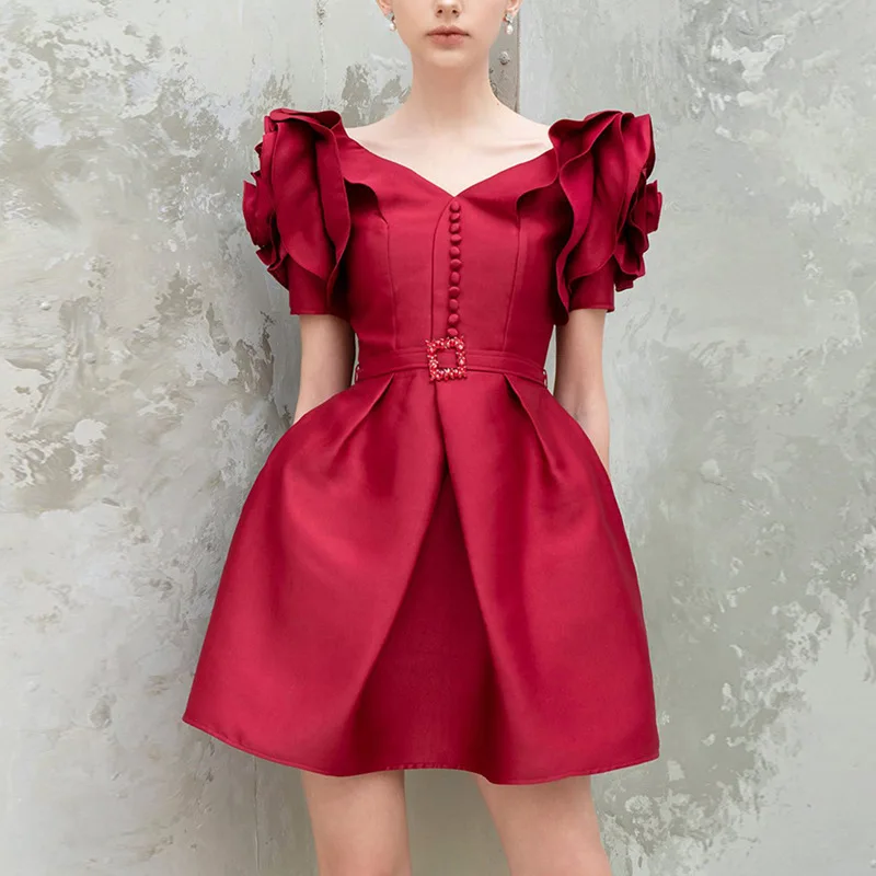 

Женское дизайнерское модельное платье, однотонное красное праздничное Элегантное однобортное платье с высокой талией и V-образным вырезом,...