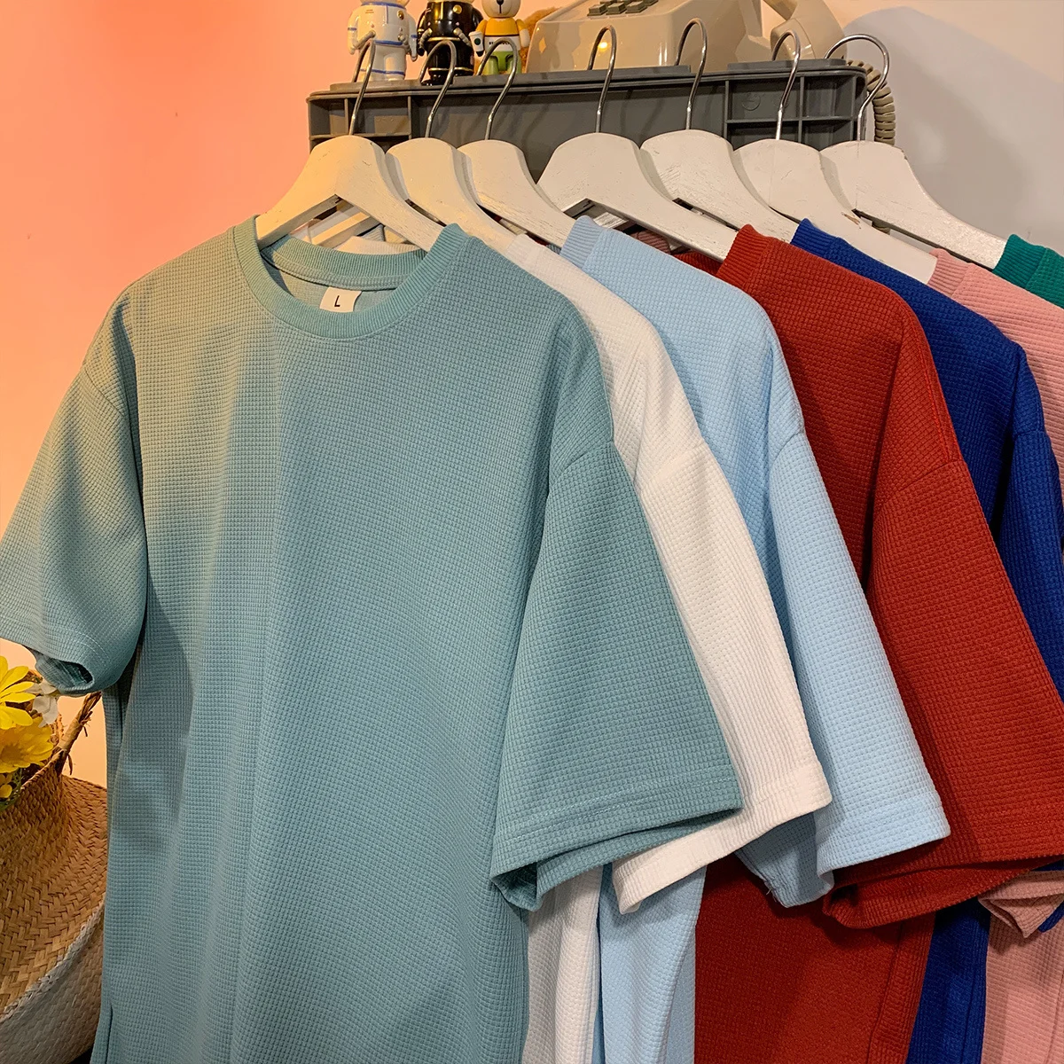 

230GSM Waffle T-shirts For Men Basic Tee Casual T shirt Oversized Tops 2023 Quality Unisex Short Tshirts Tees Men Clothing