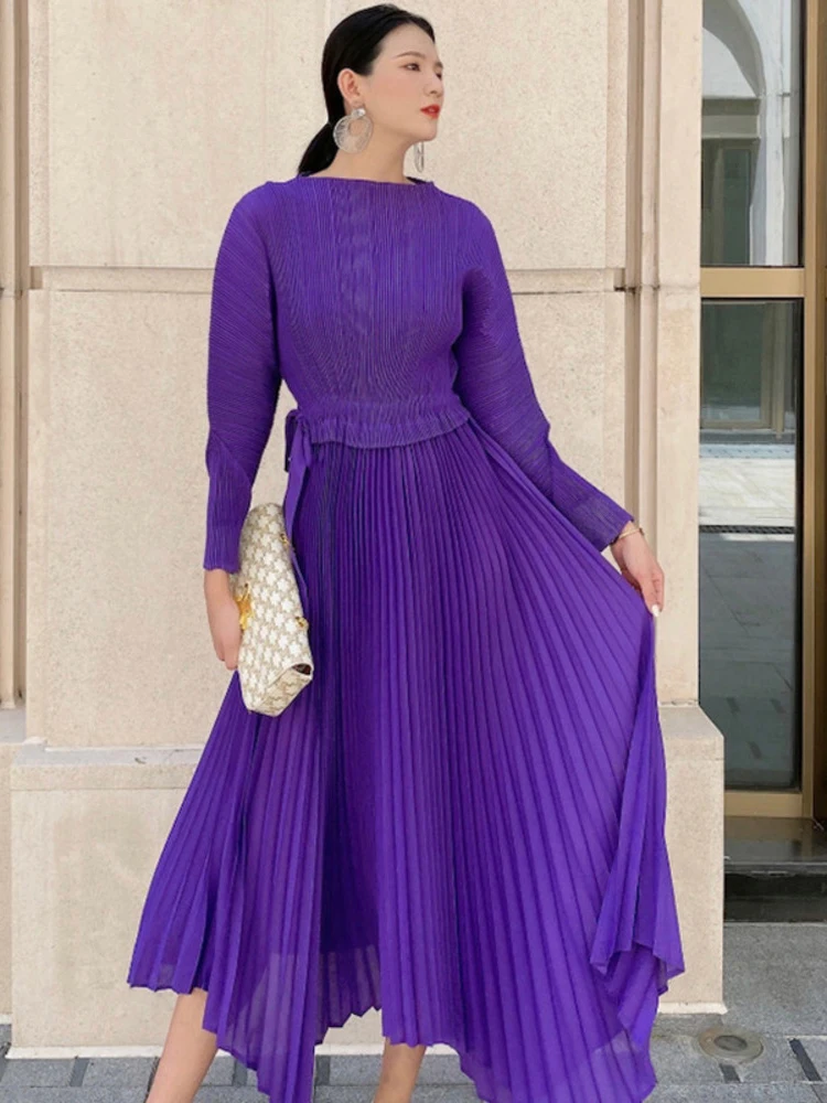 Dresses Pleated Spring Autumn New Fashion Trend O Neck Long Sleeve Solid Color Loose Temperament Folds Dress Female