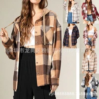 2022 autumn and winter new womens woolen long sleeved hooded shirt plaid coat