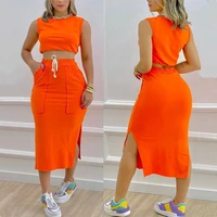 2022 new fashion two piece set women crop tank top split hem drawstring skirt set