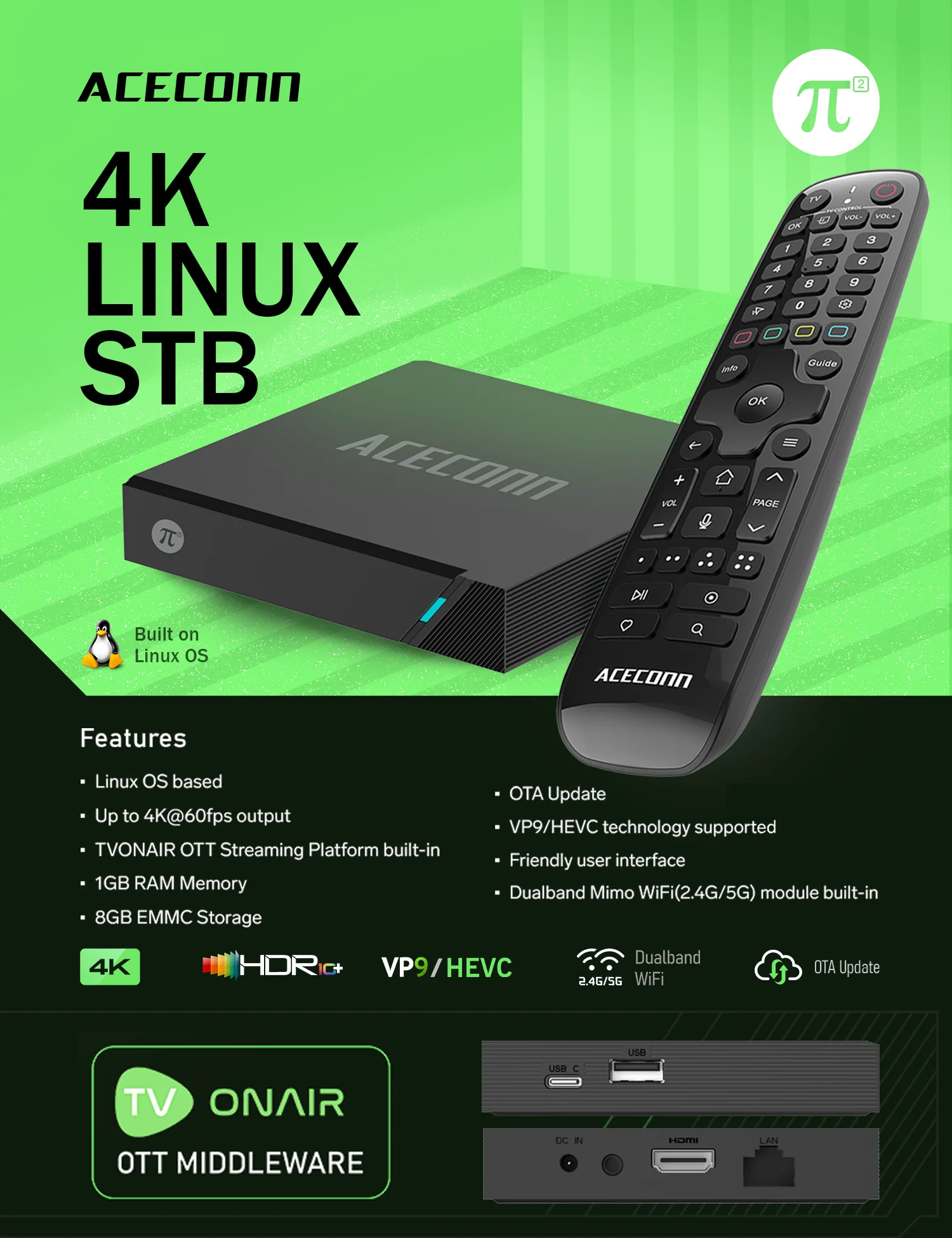 ACECONN Pi2 π2 потоковая передача Linux iptv коробки 4K HD TVONAIR STB-плеер OTA Dual WiFi BT Поддержка премиум-класса с дистанционным управлением TV Box (art.: 3920d0e8c4fbe) - 3920d0e8c4fbe