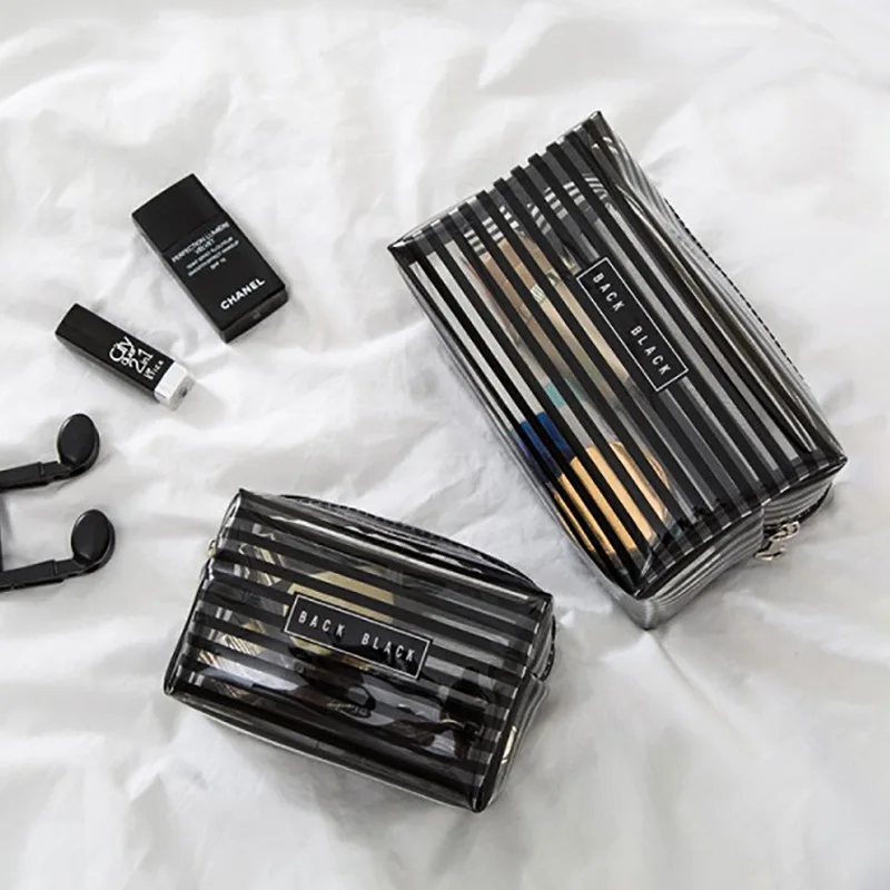 

Portable Waterproof Transparent Makeup Bag Fashion Striped Zipper Cosmetic Organizer Women Travel Toiletry Bag 2022
