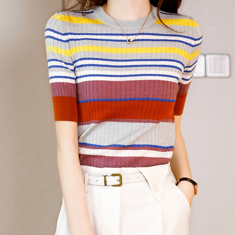 2022 summer new rainbow striped knitted bottoming shirt short-sleeved thin ice silk linen top t-shirt women  O-Neck