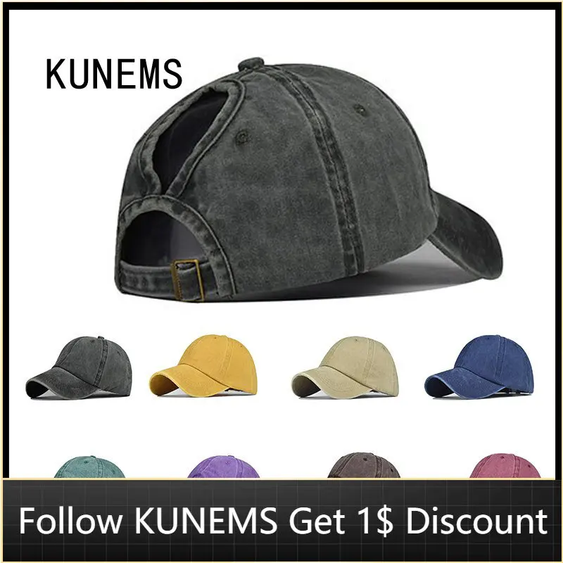 

KUNEMS Washed Cotton Baseball Caps for Women Fashion Summer Snapback Cap Outdoor Casual Sun Hats Ponytail Hat Adjustable Gorras