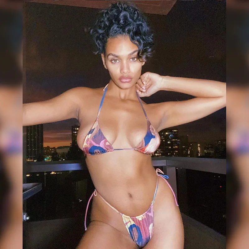 

Women's 2023 Printed Suspender Bra Drawstring Briefs Two-piece Bikini Suit