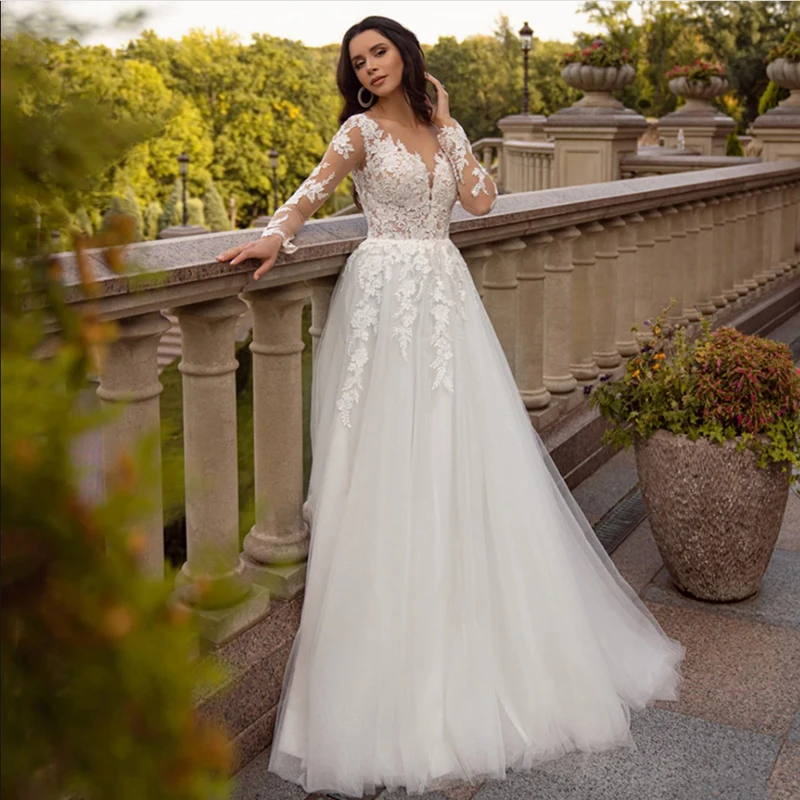 

Bohemian Long Sleeve With Corset A Line Lace Appliques Wedding Dress 2022 Bridal For Women V Neck Sweep Train Vestidos De Noiva