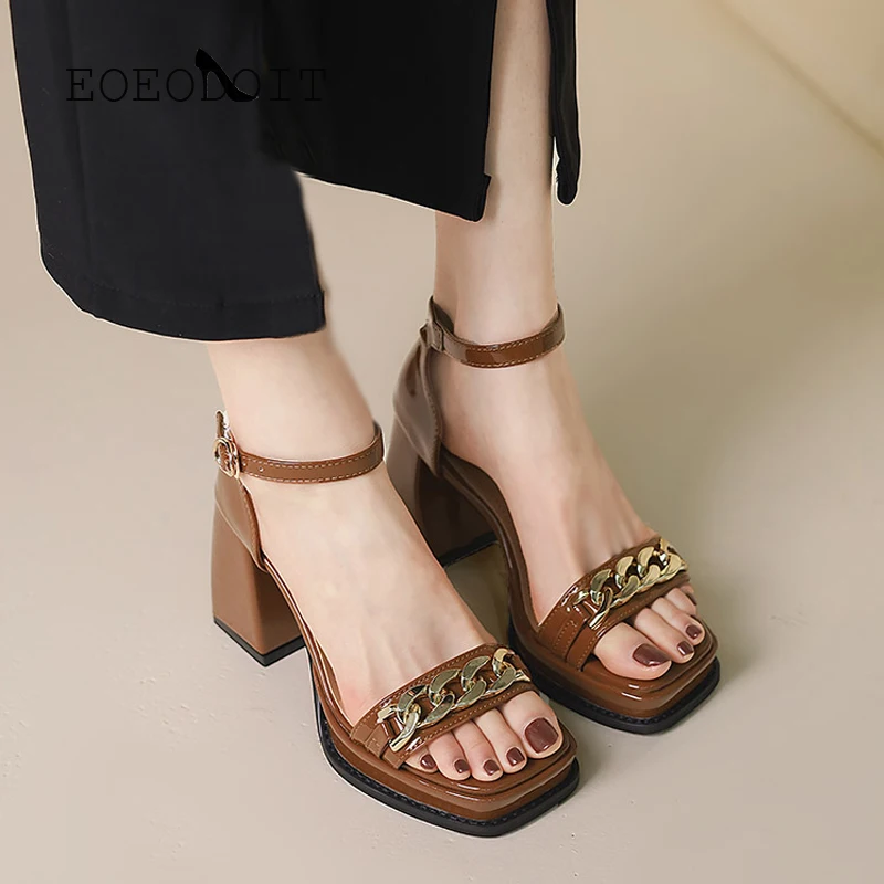 

EOEODOIT Women Platform Sandals Patent Leather High Heel Chunky Pumps Shoes Hoof Heel Buckle Shoes With Chain
