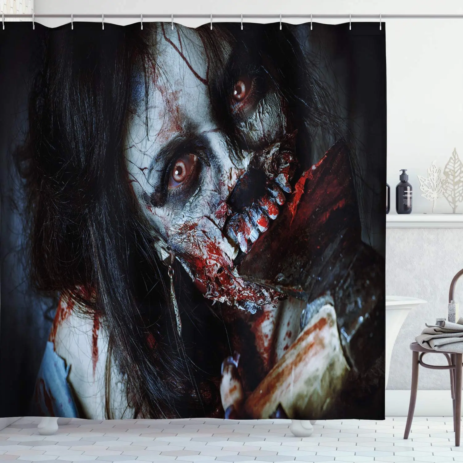 

Halloween Zombie Shower Curtain,Scary Dead Woman with A Bloody Tool Evil Fantasy Gothic Mystery Halloween Bathroom Curtain Set