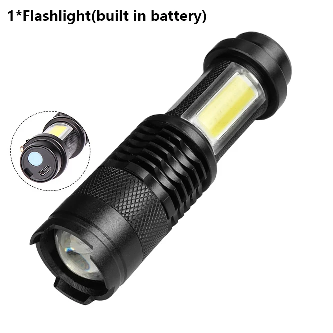 

Built-in battery LED mini flashlight Q5 & Cob Zoom waterproof aluminum 4 modes Built-in battery camping work outdoor cycling LED