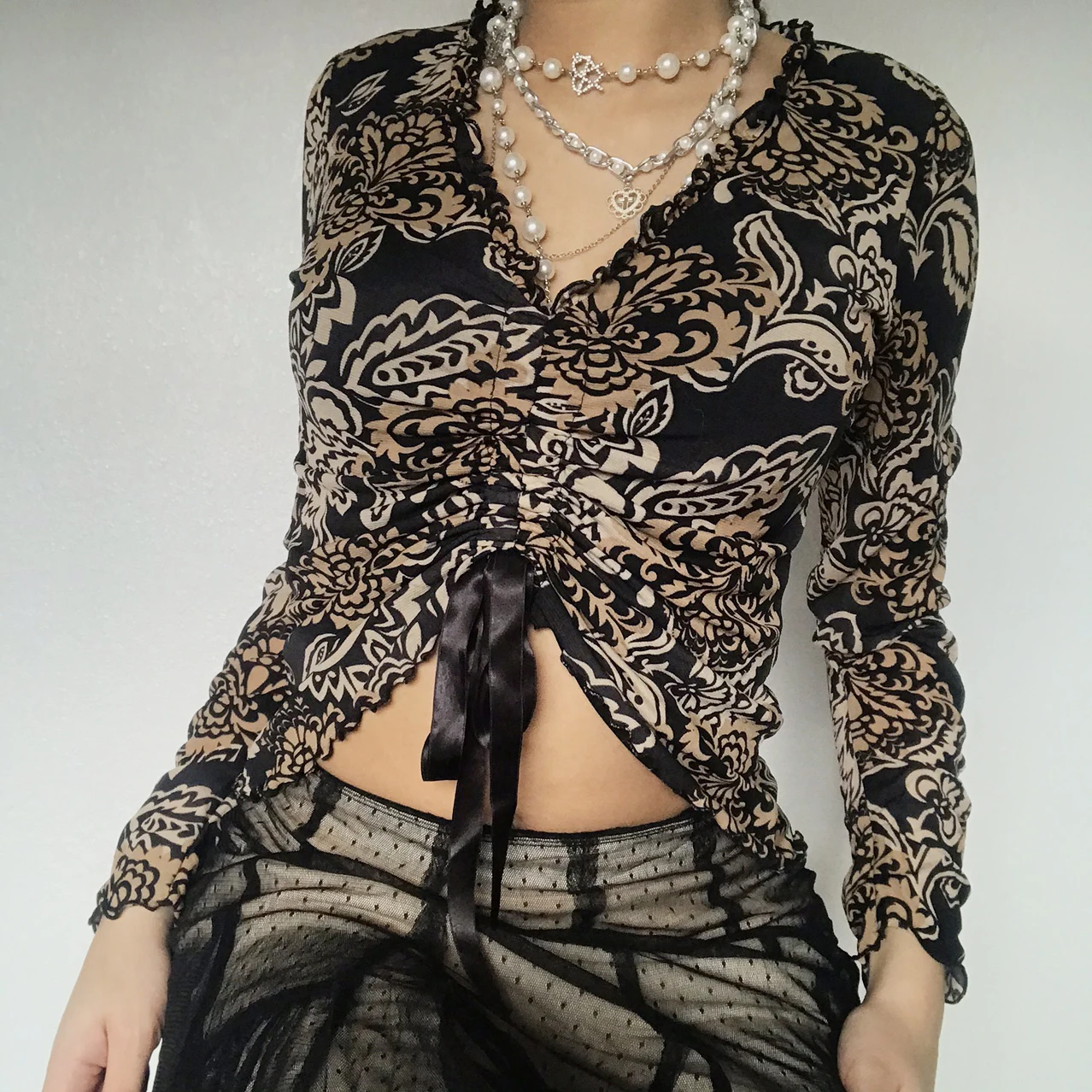 

Female Vintage Harajuku Printing Front Drawstring Crop Pullovers Fall Spring Women Ruched V Neck Long Sleeve T-Shirts Streetwear