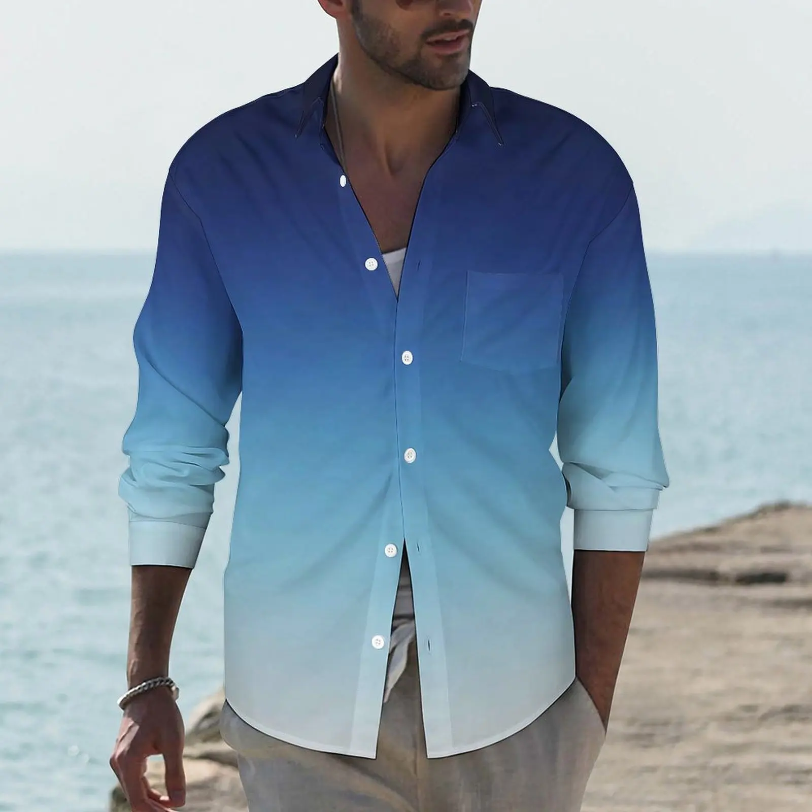

Ombre Blue Funny Casual Shirt Men Deep Blue To White Gradient Shirt Autumn Vintage Blouses Long Sleeve Graphic Oversized Tops