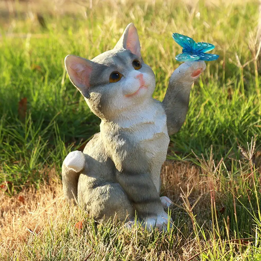 Solar Animal Cats Statue Art Luminous Resin Landscaping Cat Figurines Ornaments Handicraft Gifts Home Decor for Outdoor Garden