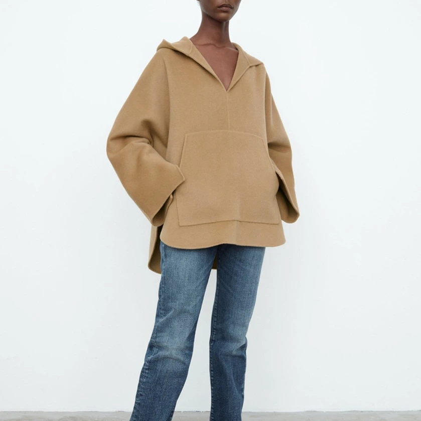 

Women Double-faced Woolen Hooded Coat Simple Hem Slit Loose Female Jacket Outerwear