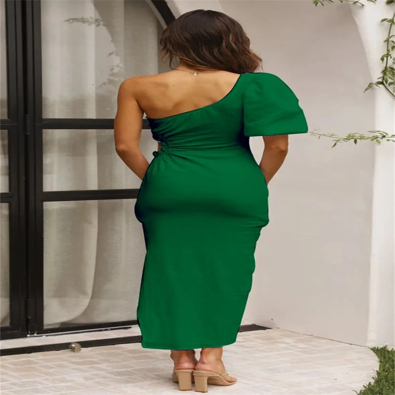 

The Summer 2022 New Women'S Fashion Sexy Oblique Shoulder Side Waist, Solid Color, Skinny-Hugging Dress With Hip Wrap