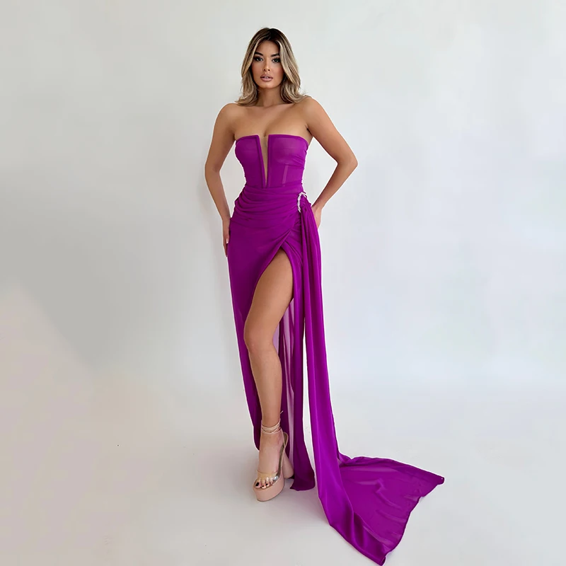 

Фиолетовое платье-Русалка для выпускного вечера, с разрезом