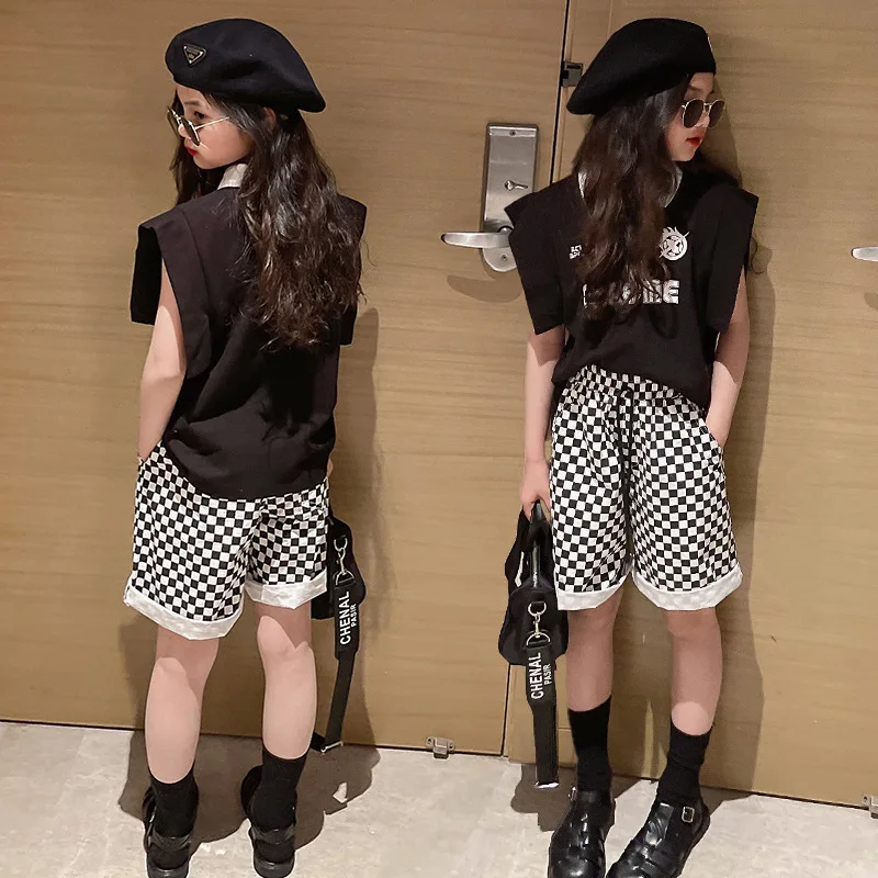 

Летний костюм для больших девочек, тонкая футболка с коротким рукавом и шахматные шорты из Западного волокна, комплект детской одежды из 2 предметов, детская одежда