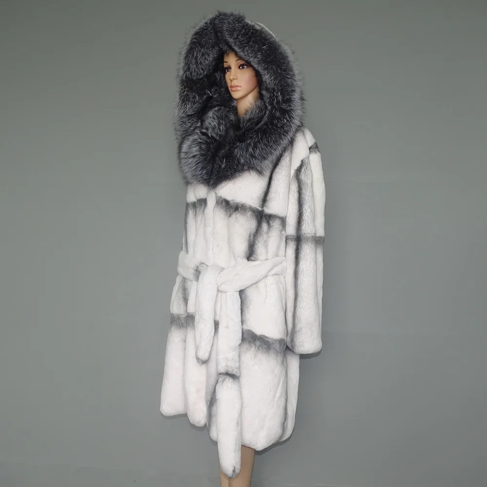 Winter Women Luxury Lexus Rex Rabbit Fur Coat Long Real Fur Coat Large Silver Fox Fur Collar Thick Warm Fashion Streetwear