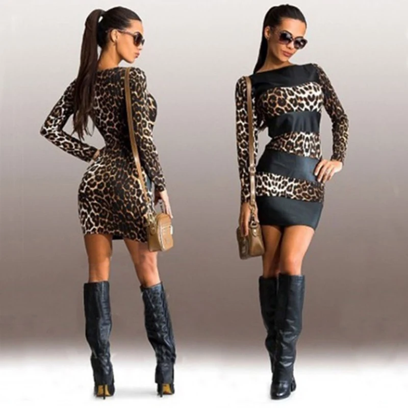 

Women Bodycon Dress Lady Club Evening Party Dress Vestidos Sexy Leopard Leather Spliced Long Sleeve O-Neck Mini Club Dresses