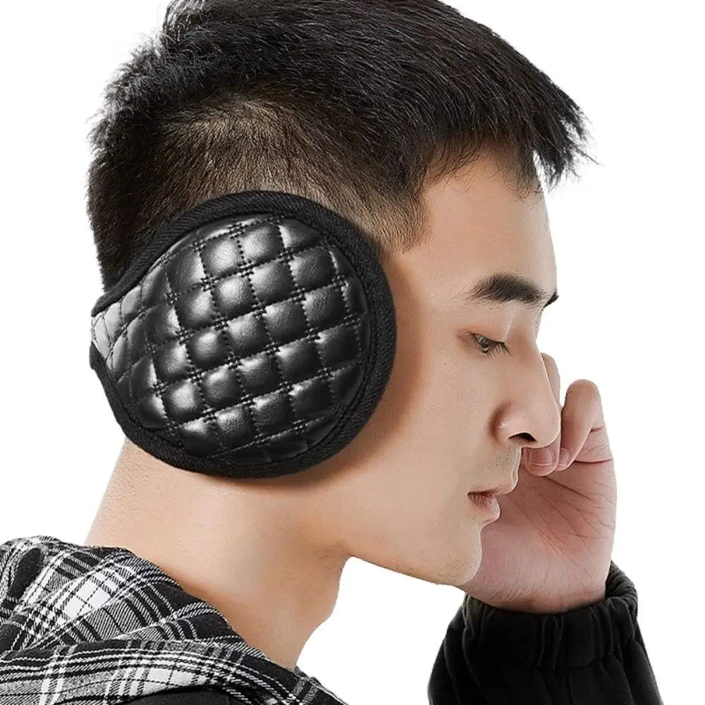 

Men Earmuffs Men PU Winter Ear Warmer Muff Cover Black Simple Warm Plaid Plush Earlap