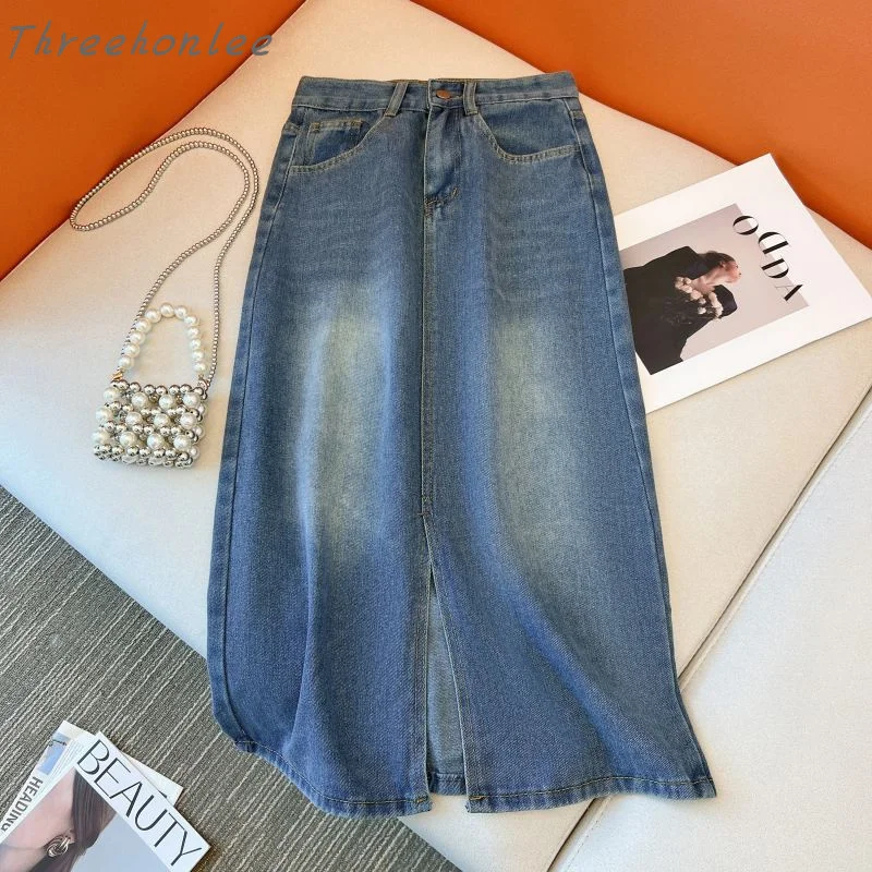 

Spring Summer Vintage High-waisted Split Washed Blue Denim Half Skirt Basics Fashion Mid-length A-line Bag Buttock Women's Dress