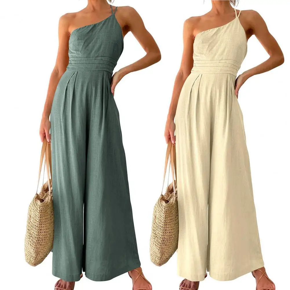 

Women Jumpsuit Casual Solid Color Pleated High Rise Wide Leg Pants Summer Straps One Shoulder Romper Ladies Outfit for Outdoor