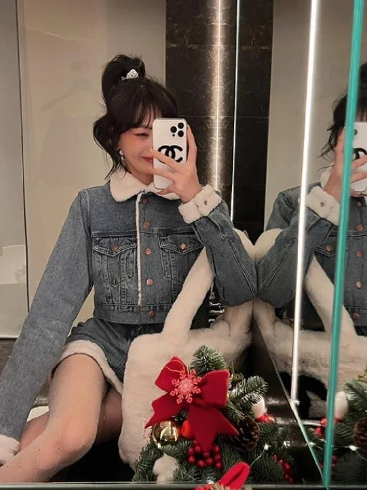 Женский джинсовый костюм из двух предметов джинсовая куртка с имитацией овечьей