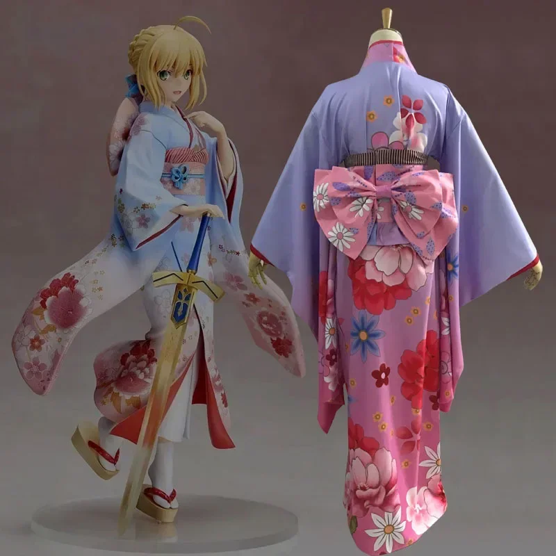 Аниме Fate Stay Night Saber кимоно костюм косплей женское платье вечерние на Хэллоуин