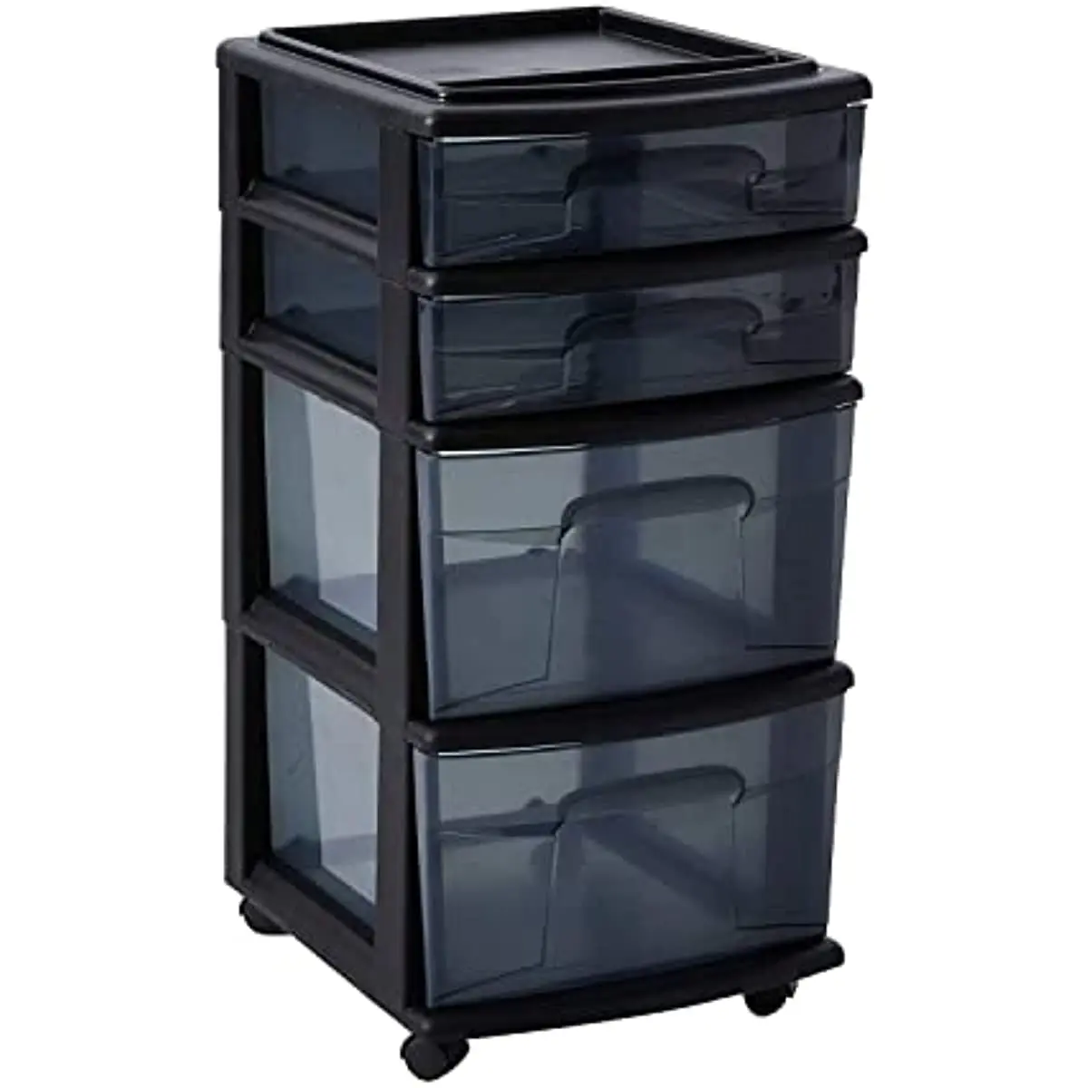 

Plastic 4 Drawer Medium Cart, Black Frame with Smoke Tint Drawers, Casters Included