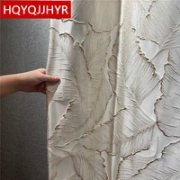 top luxury european beige high quality blackout living room window curtains 3d gold large leaf embossed bedroom kitchen curtains
