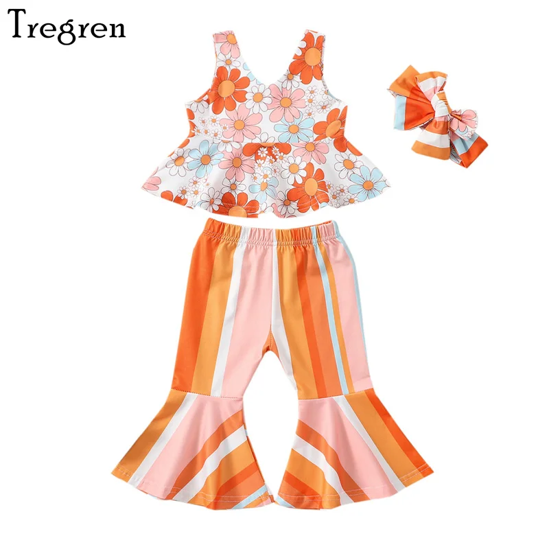 

Tregren 6M-5Y Kid Girls Summer Outfits Floral Sleeveless Tank Tops Casual Rainbow Striped Flare Pants Headband 3pc Clothes Set