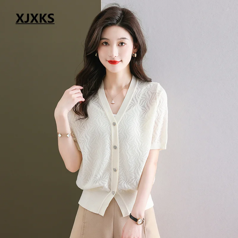 

XJXKS, Новинка лета 2023, однобортная футболка из шелка тутового шелкопряда, женские вязаные топы, модный Повседневный Кардиган с V-образным вырезом