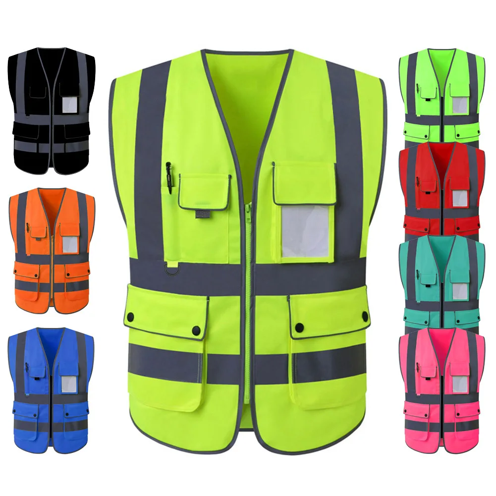 High Visibility Reflective Vest Zipper Front Safety With Strips Construction Workwear