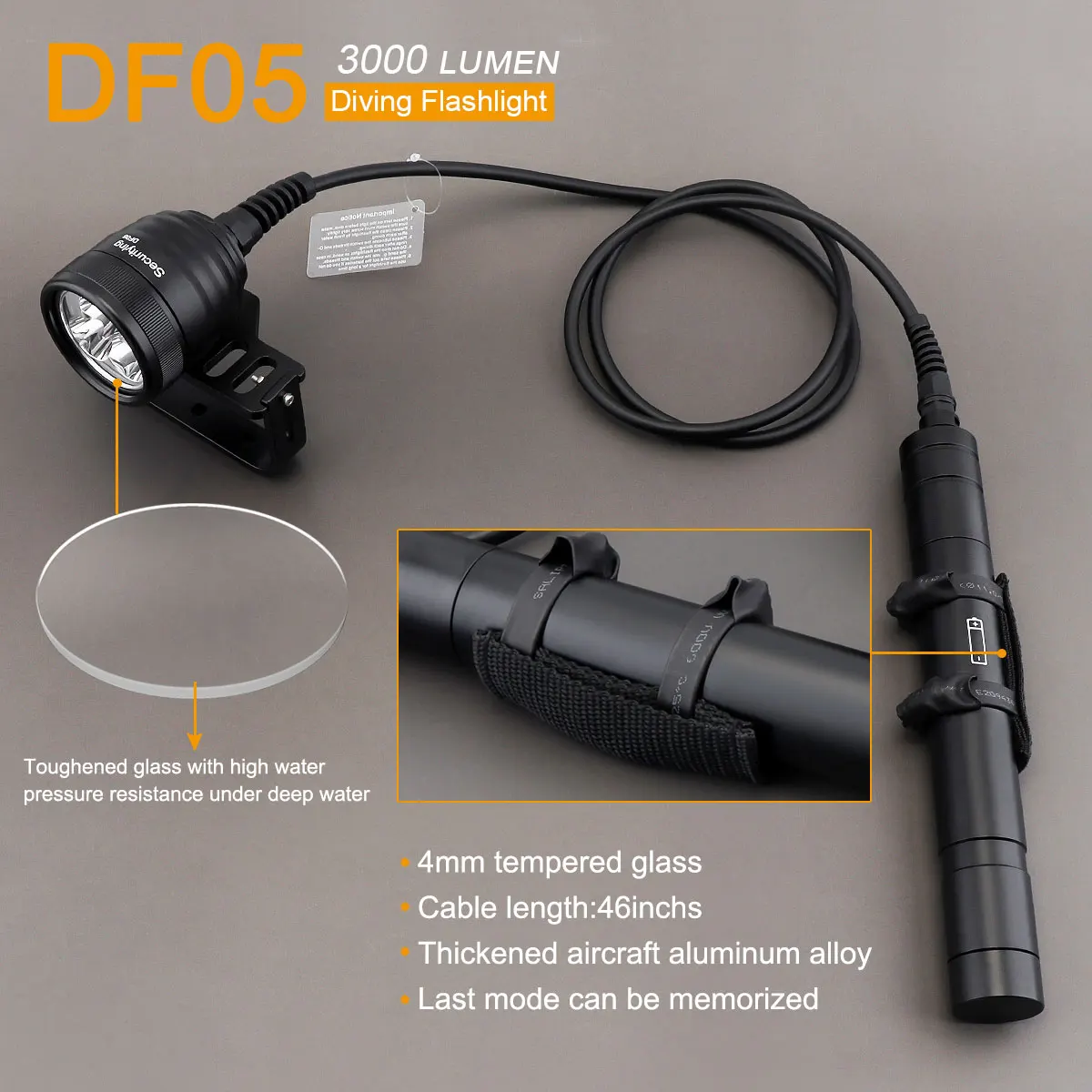 SecurityIng Scuba Split-type 3000LM Torch Diving Primary Flashlight  Dive Light LED Narrow Beam Underwater 150m with 1.2/2M Line enlarge