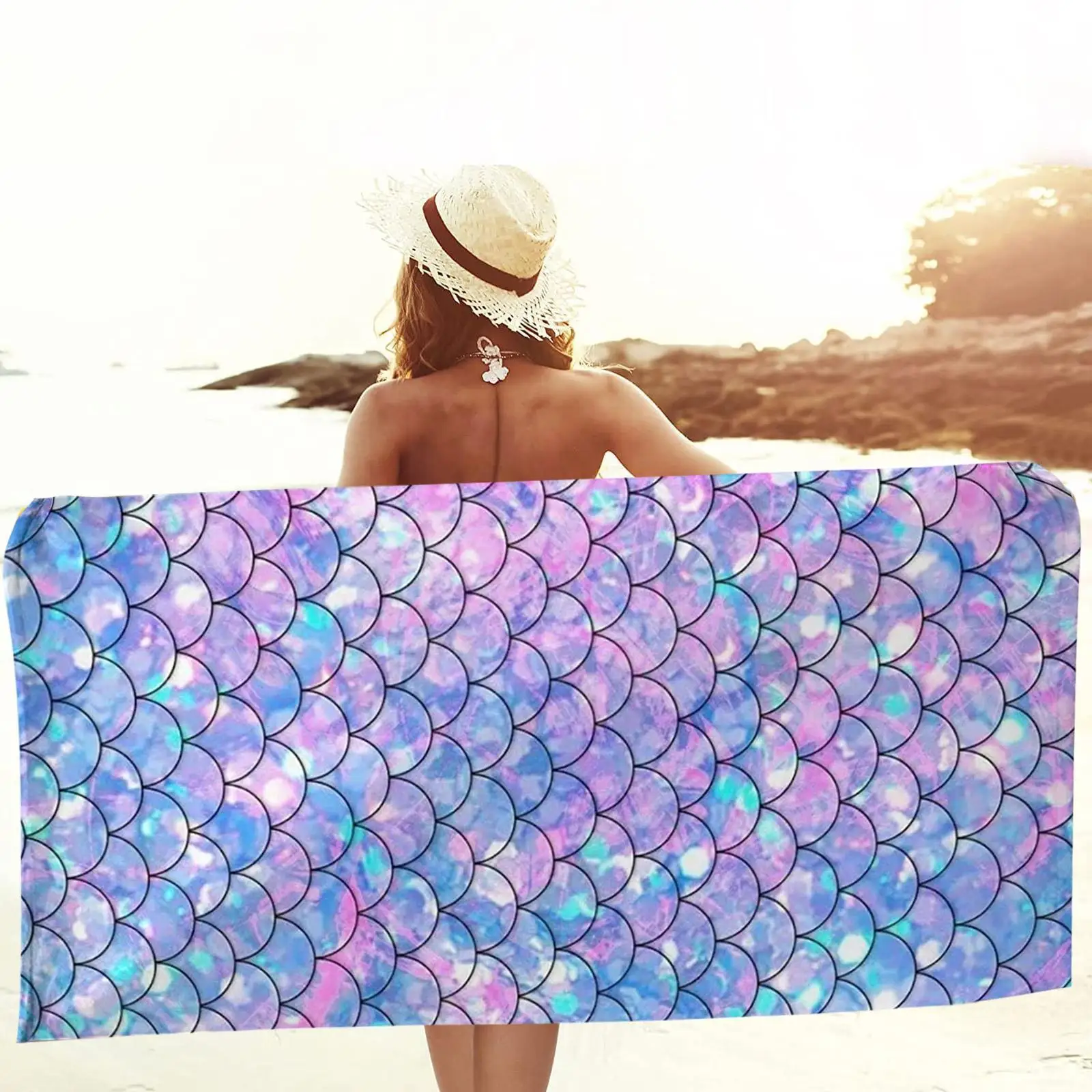 

Summer Beach Towel Bohemian Style Fish Scale Print Sport Fitness Yoga Bath Towel Microfiber Quick Dry For Swimming 2 Size N7a0